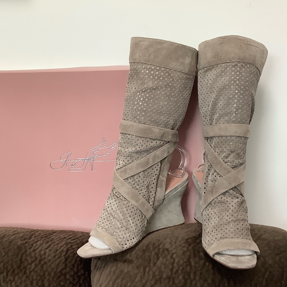 Elegant Beige Wedge suede Boots, open toe and back, Size 6.5
